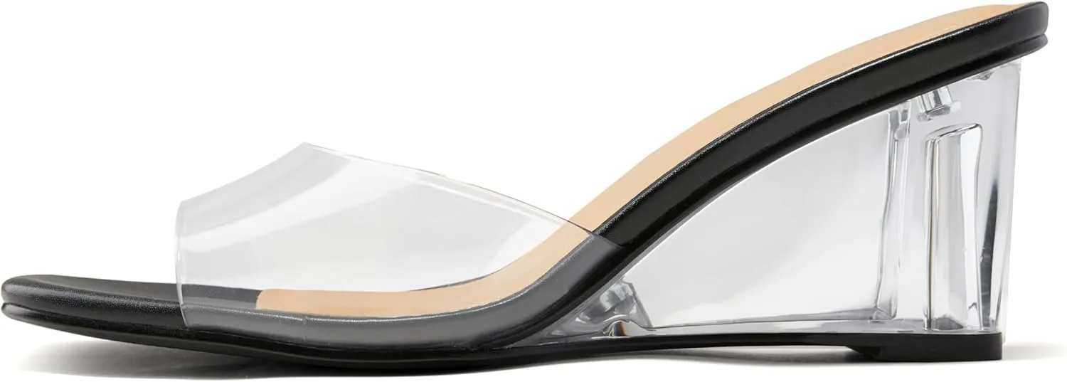 Arromic Women's Clear Wedge Heels Sandals Square Toe Slip On Heeled Sexy Transparent Low Summer Dress Evening Party Wedding Prom Slides Mules Slippers Shoes