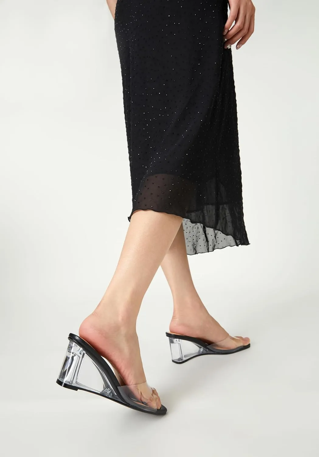 Arromic Women's Clear Wedge Heels Sandals Square Toe Slip On Heeled Sexy Transparent Low Summer Dress Evening Party Wedding Prom Slides Mules Slippers Shoes
