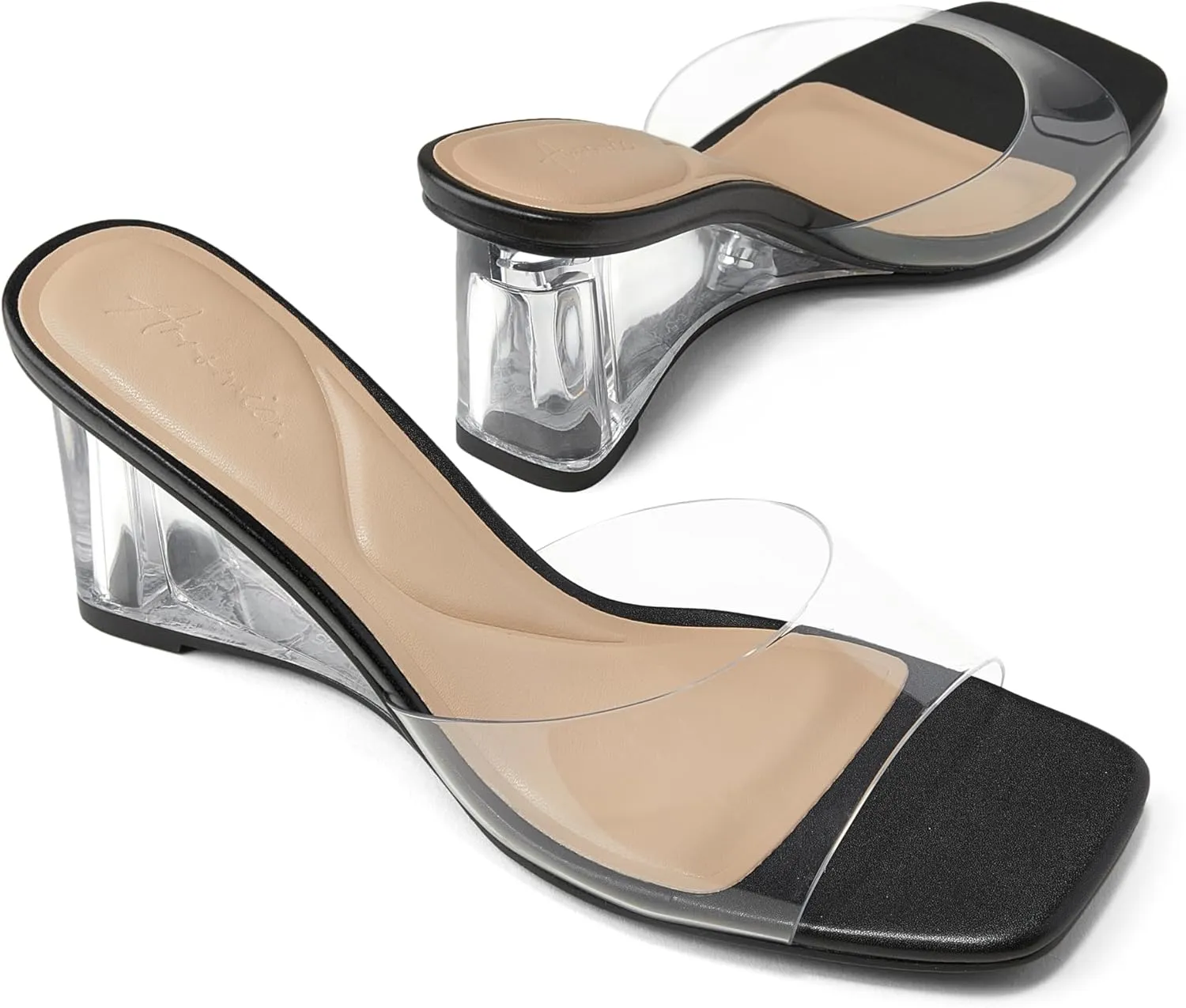 Arromic Women's Clear Wedge Heels Sandals Square Toe Slip On Heeled Sexy Transparent Low Summer Dress Evening Party Wedding Prom Slides Mules Slippers Shoes