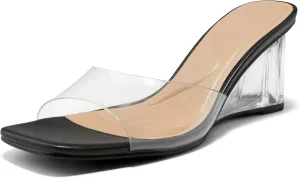 Arromic Women's Clear Wedge Heels Sandals Square Toe Slip On Heeled Sexy Transparent Low Summer Dress Evening Party Wedding Prom Slides Mules Slippers Shoes