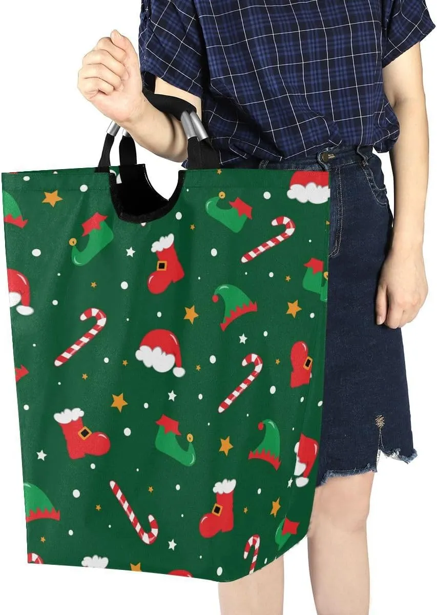 Aslsiy Christmas Santa Boots Elf Hat Shoes Laundry Basket Candy Cane Laundry Hamper with Handles Clothes Bucket Bin Dirty Baskets Toy Storage for Home Bathroom 50L