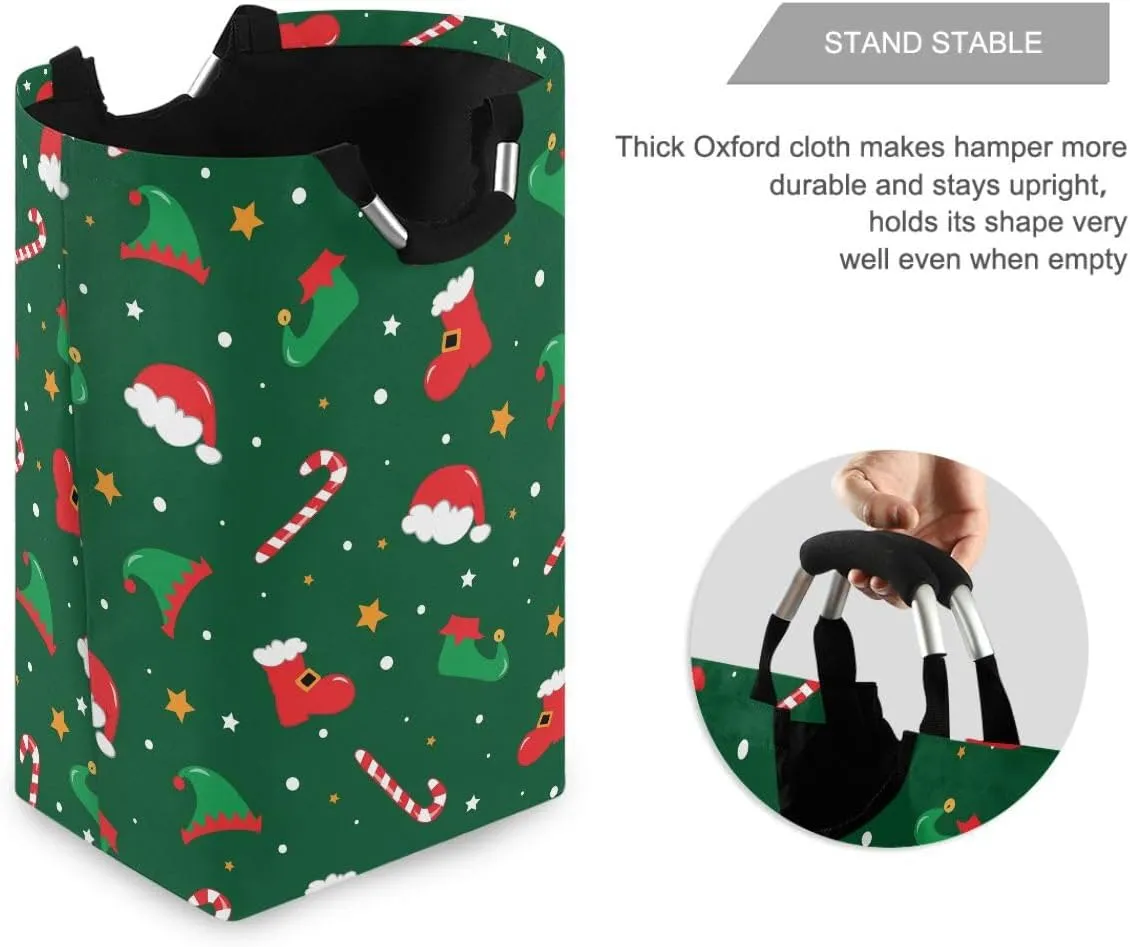 Aslsiy Christmas Santa Boots Elf Hat Shoes Laundry Basket Candy Cane Laundry Hamper with Handles Clothes Bucket Bin Dirty Baskets Toy Storage for Home Bathroom 50L