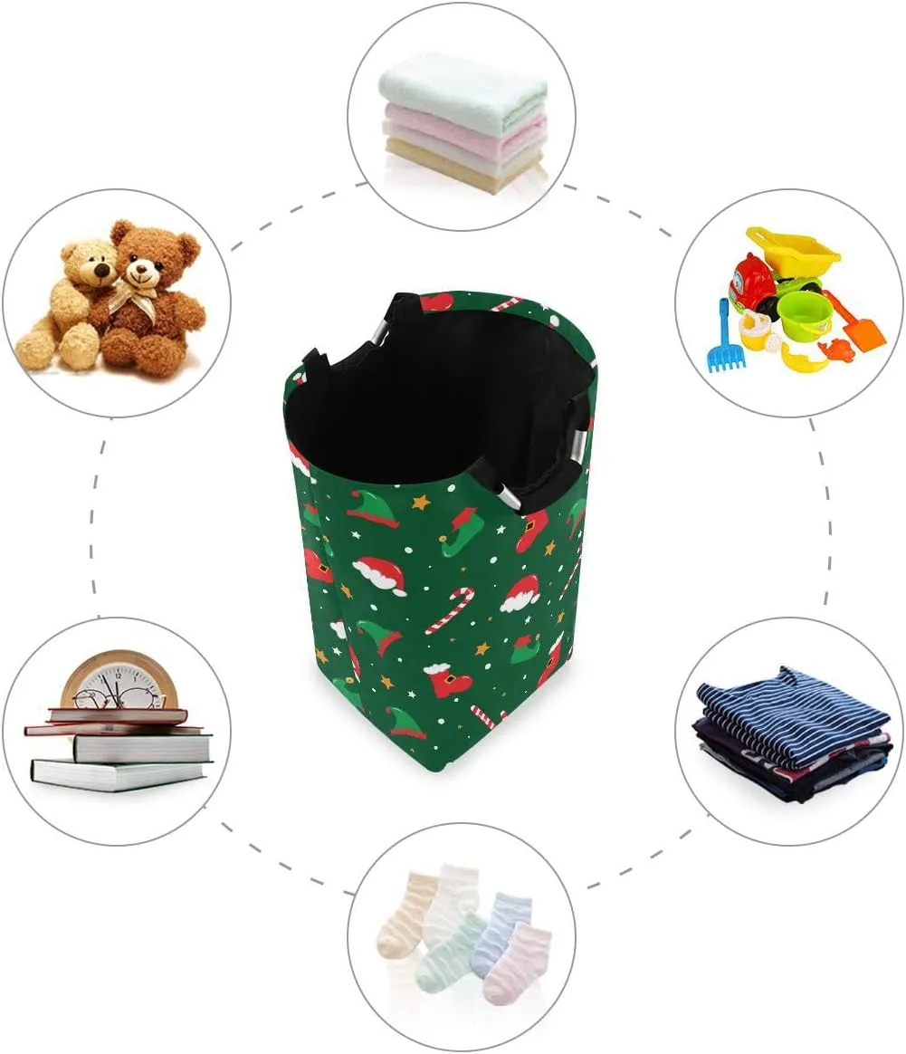 Aslsiy Christmas Santa Boots Elf Hat Shoes Laundry Basket Candy Cane Laundry Hamper with Handles Clothes Bucket Bin Dirty Baskets Toy Storage for Home Bathroom 50L