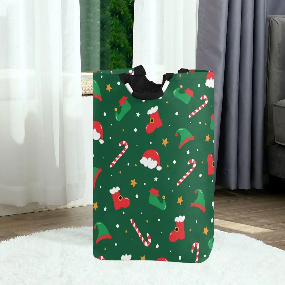 Aslsiy Christmas Santa Boots Elf Hat Shoes Laundry Basket Candy Cane Laundry Hamper with Handles Clothes Bucket Bin Dirty Baskets Toy Storage for Home Bathroom 50L