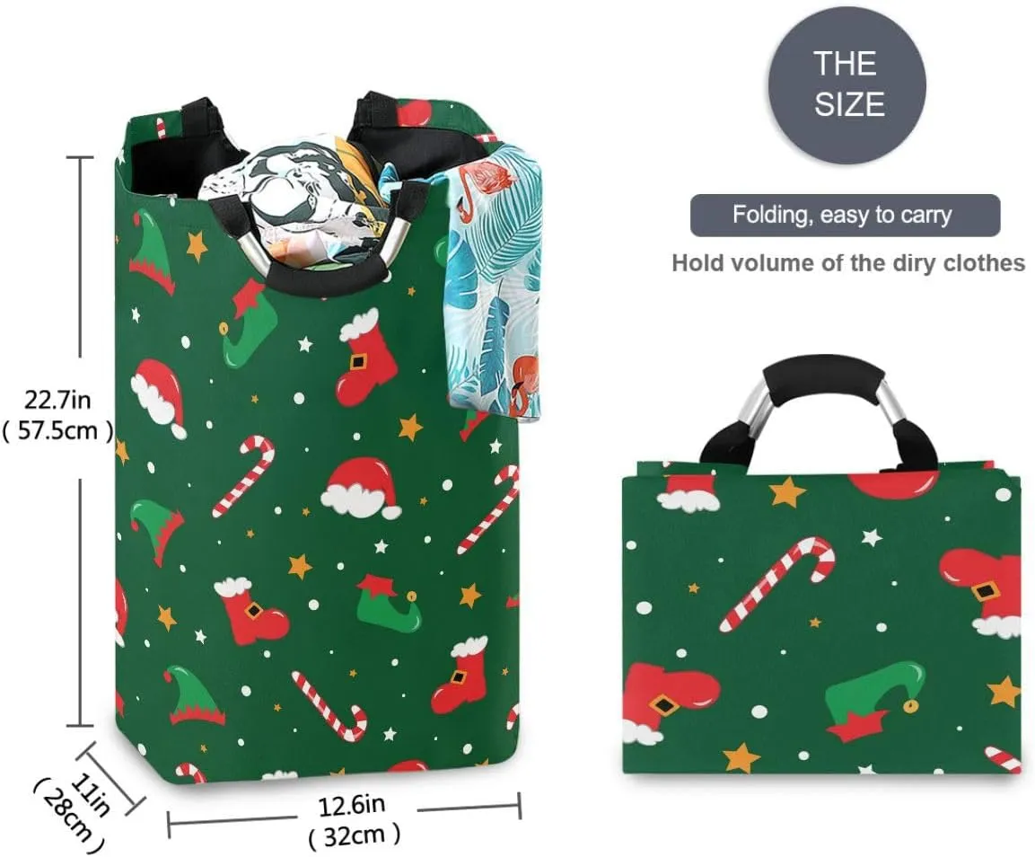 Aslsiy Christmas Santa Boots Elf Hat Shoes Laundry Basket Candy Cane Laundry Hamper with Handles Clothes Bucket Bin Dirty Baskets Toy Storage for Home Bathroom 50L