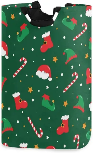 Aslsiy Christmas Santa Boots Elf Hat Shoes Laundry Basket Candy Cane Laundry Hamper with Handles Clothes Bucket Bin Dirty Baskets Toy Storage for Home Bathroom 50L