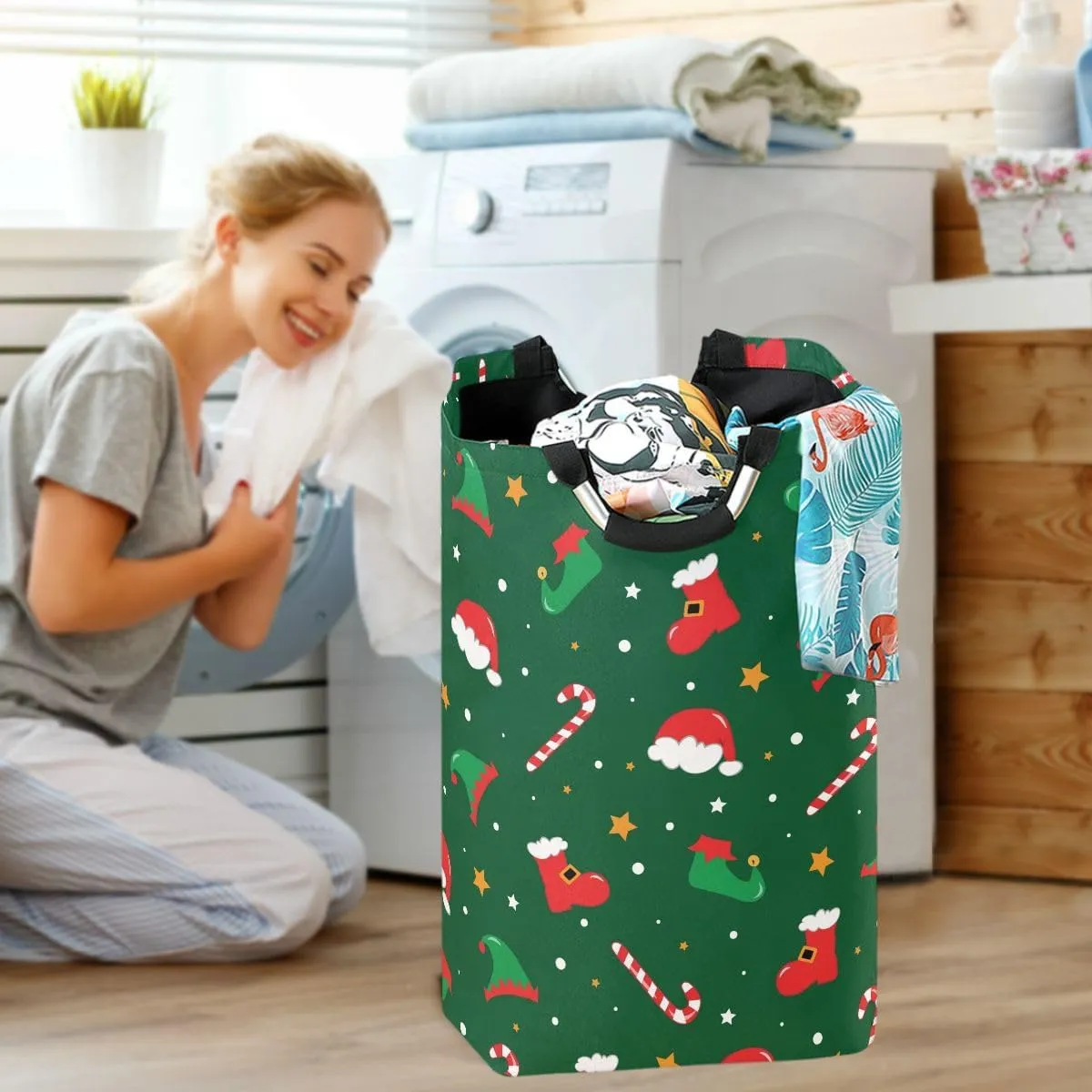 Aslsiy Christmas Santa Boots Elf Hat Shoes Laundry Basket Candy Cane Laundry Hamper with Handles Clothes Bucket Bin Dirty Baskets Toy Storage for Home Bathroom 50L