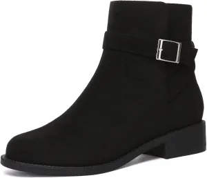 Athlefit Women's Ankle Boots Chunky Low Heel Fashion Round Toe Side Zipper Buckle Booties