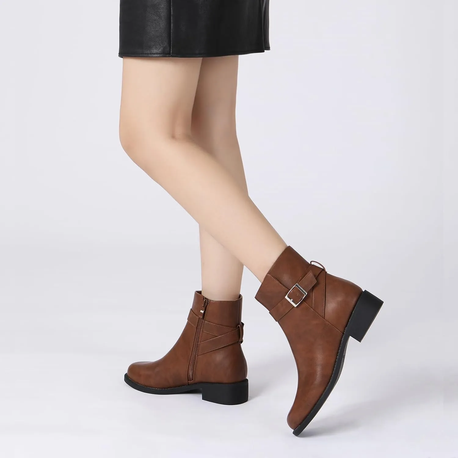 Athlefit Women's Ankle Boots Chunky Low Heel Fashion Round Toe Side Zipper Buckle Booties