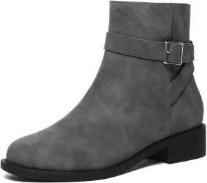 Athlefit Women's Ankle Boots Chunky Low Heel Fashion Round Toe Side Zipper Buckle Booties