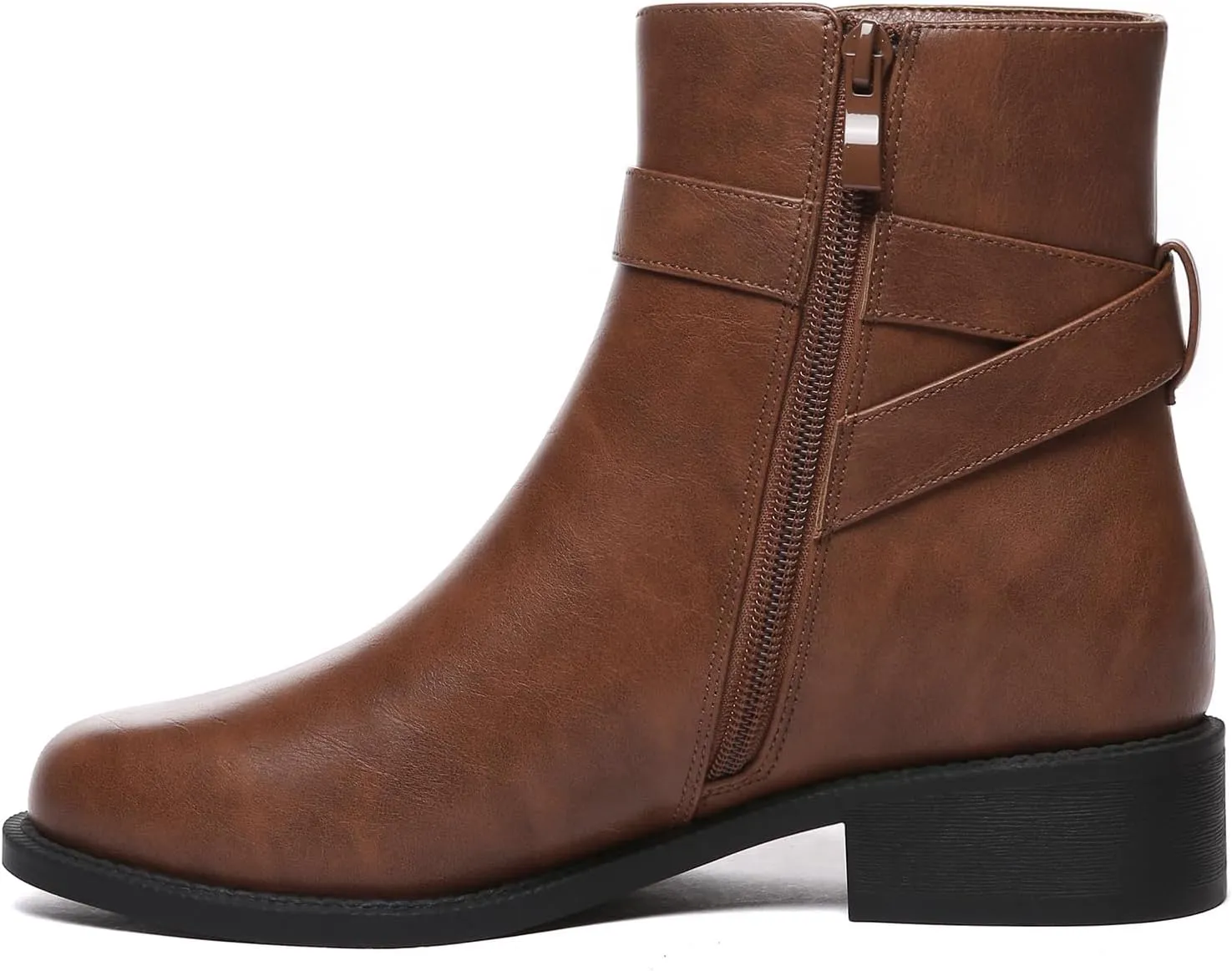 Athlefit Women's Ankle Boots Chunky Low Heel Fashion Round Toe Side Zipper Buckle Booties