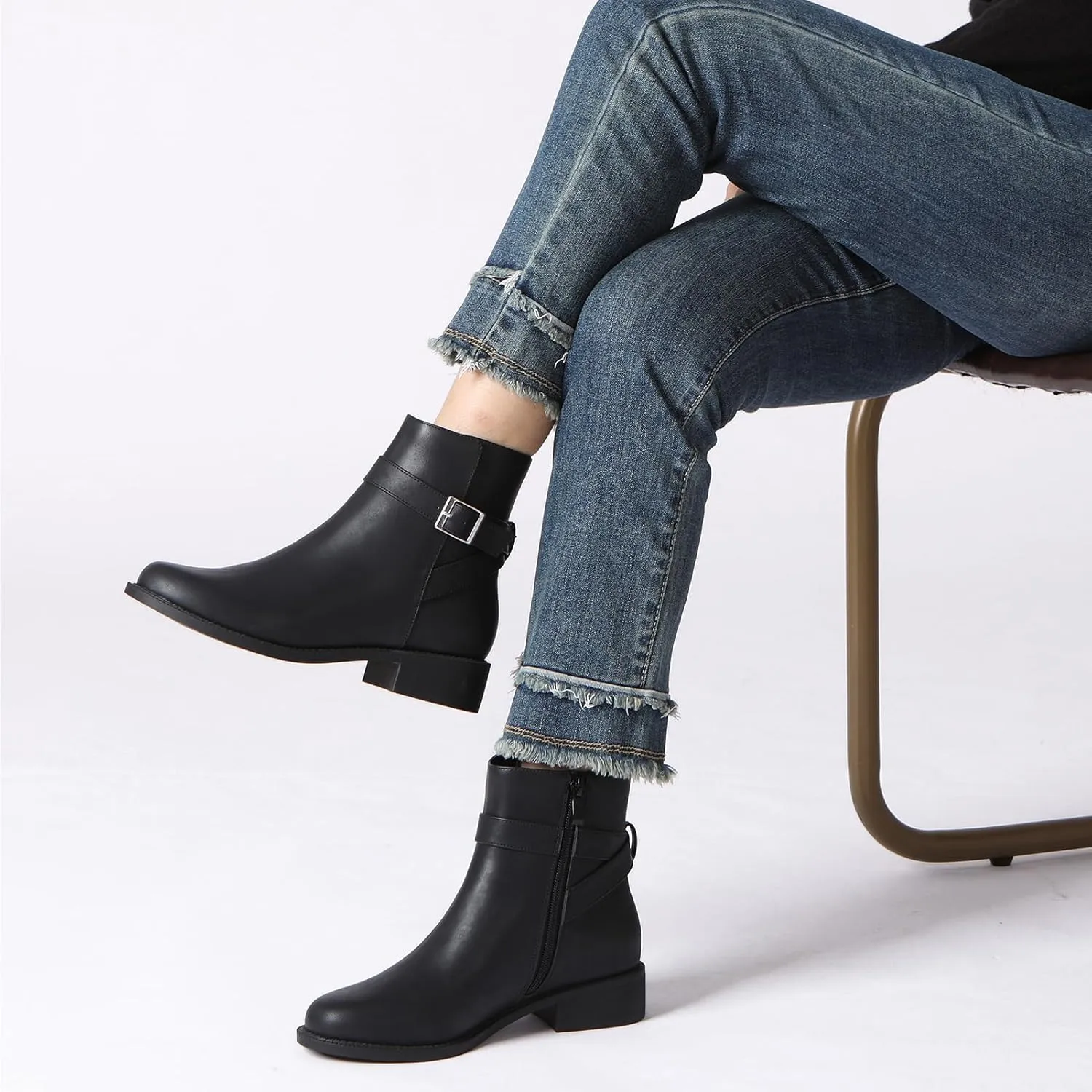Athlefit Women's Ankle Boots Chunky Low Heel Fashion Round Toe Side Zipper Buckle Booties