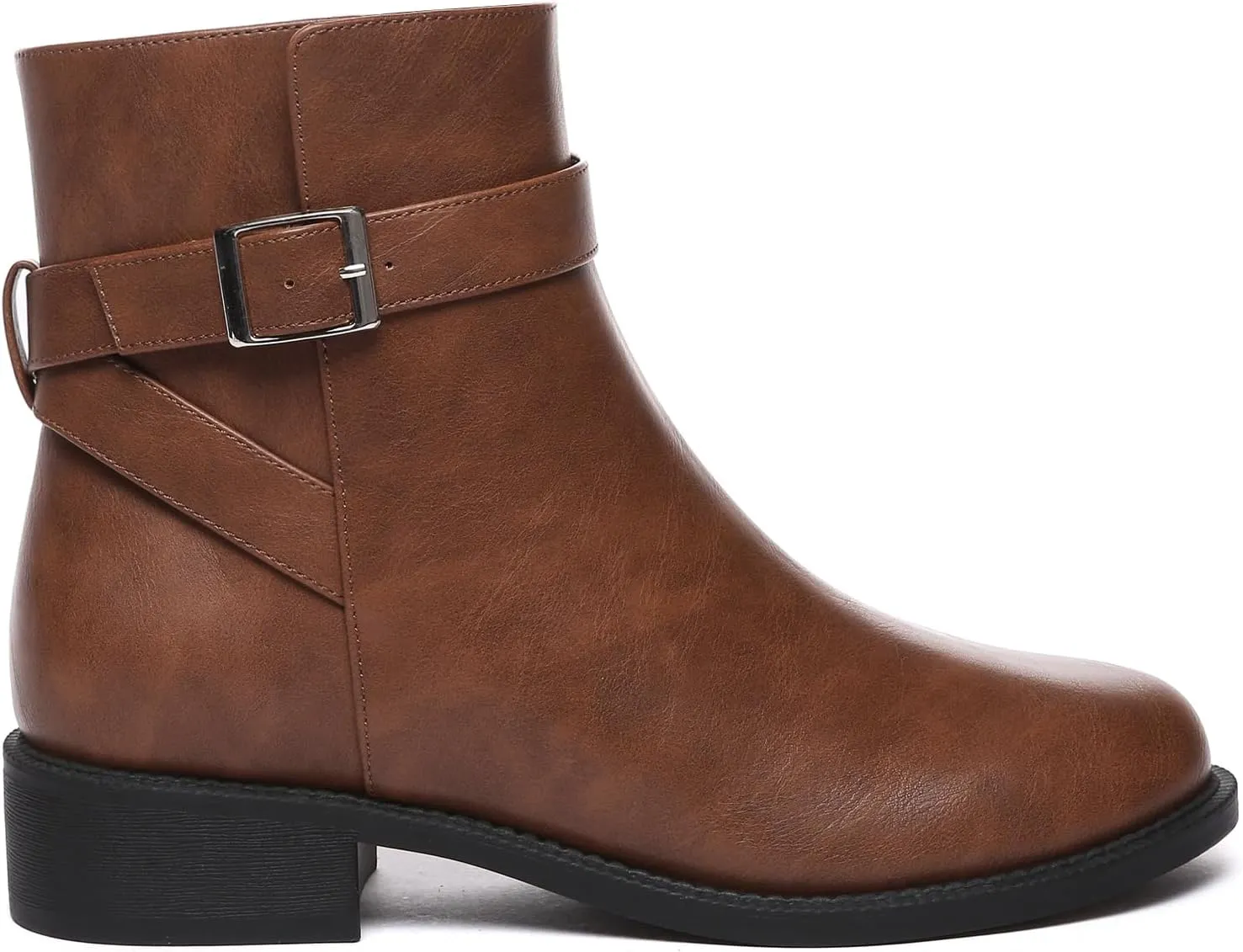 Athlefit Women's Ankle Boots Chunky Low Heel Fashion Round Toe Side Zipper Buckle Booties