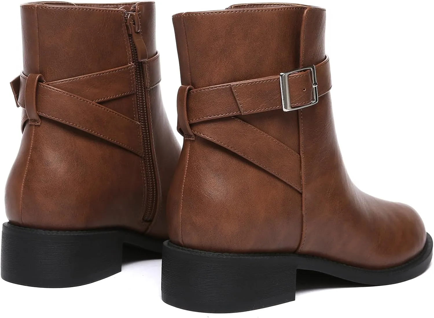 Athlefit Women's Ankle Boots Chunky Low Heel Fashion Round Toe Side Zipper Buckle Booties