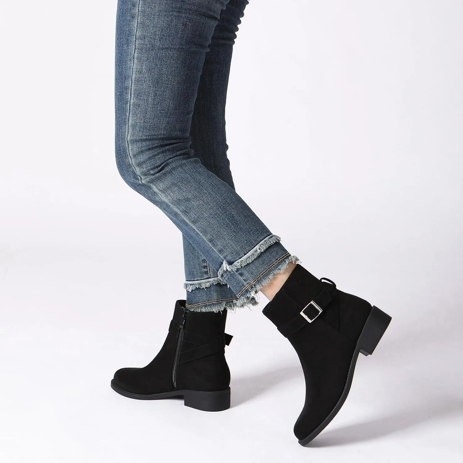 Athlefit Women's Ankle Boots Chunky Low Heel Fashion Round Toe Side Zipper Buckle Booties