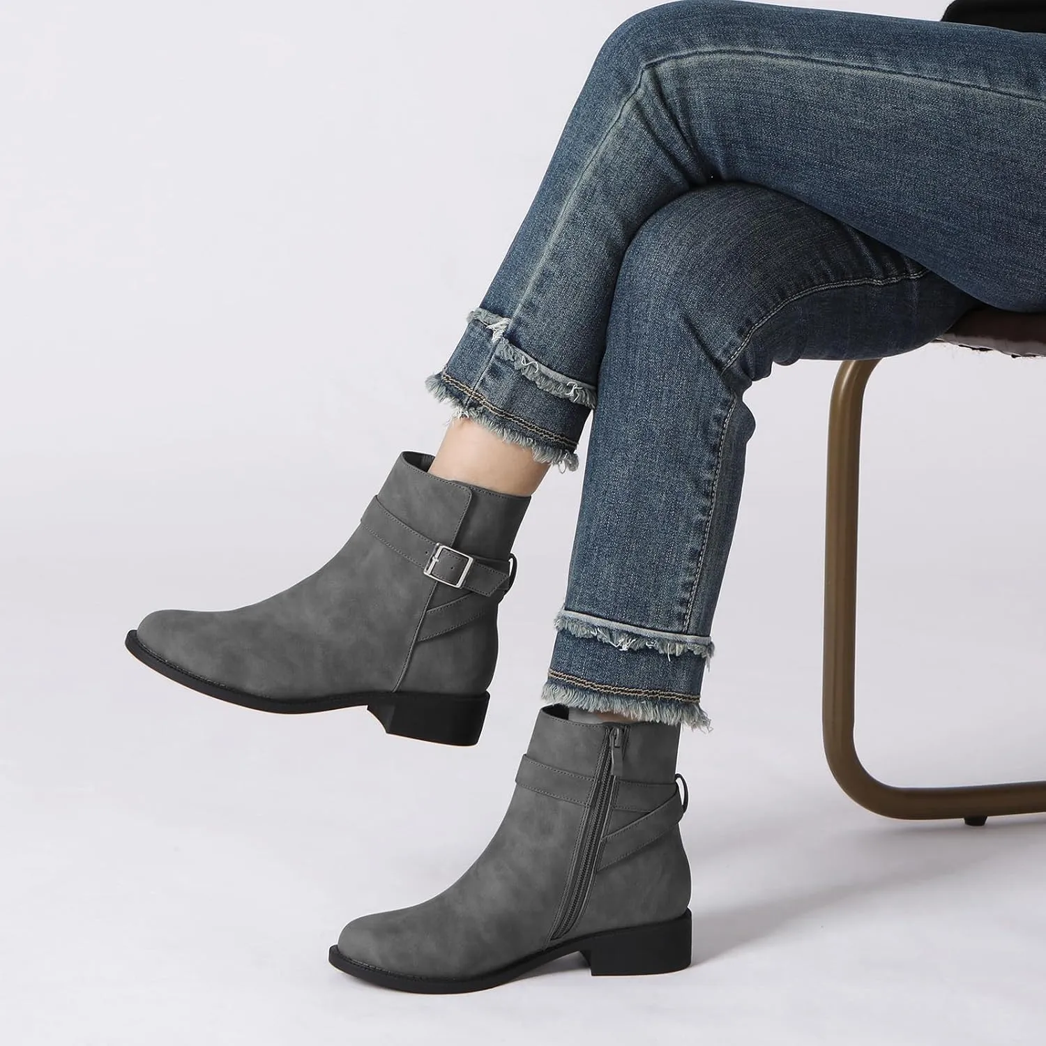 Athlefit Women's Ankle Boots Chunky Low Heel Fashion Round Toe Side Zipper Buckle Booties