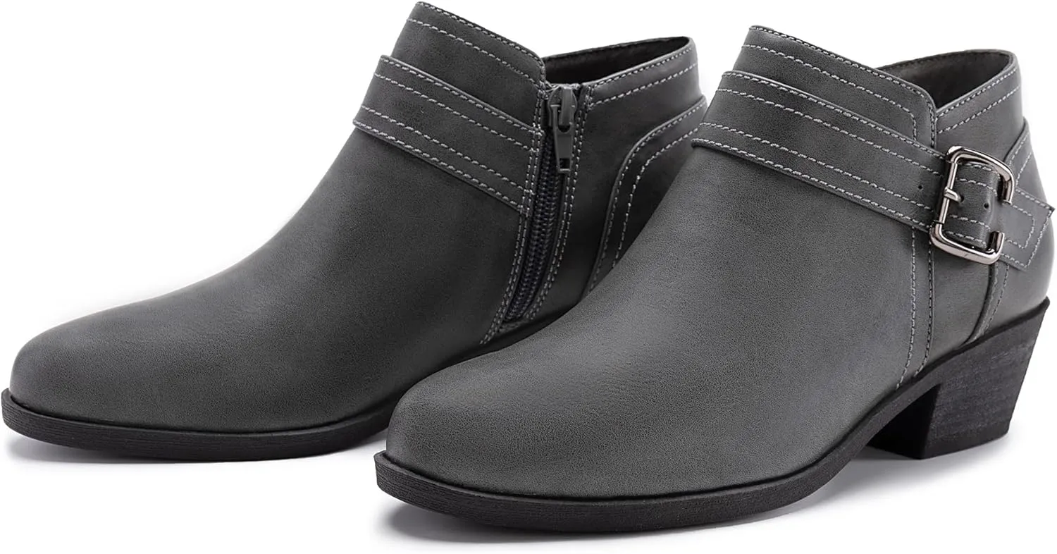 Athlefit Women's Chunky Low Heel Ankle Boots Classic Pointed Toe Side Zipper Booties