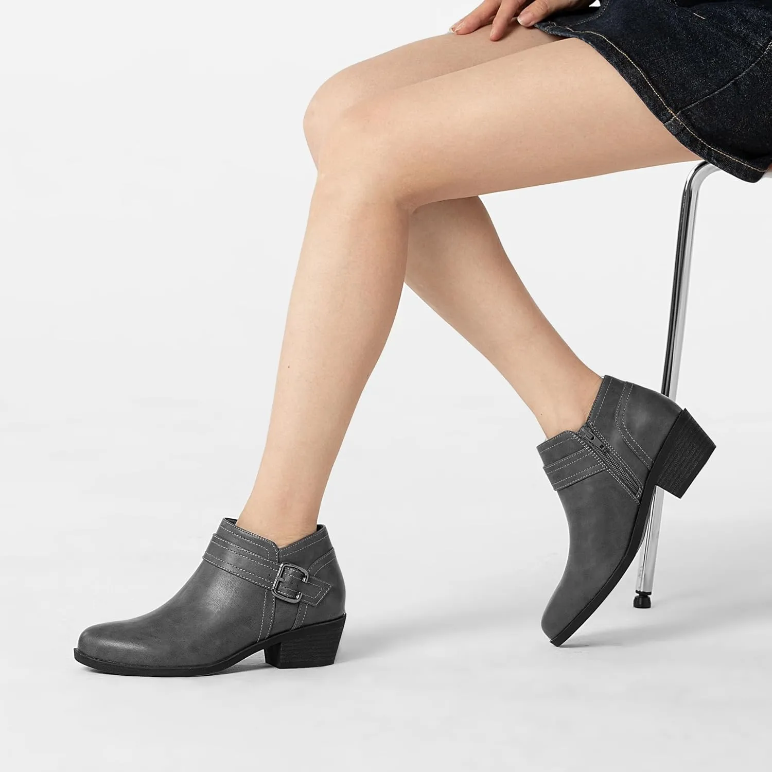 Athlefit Women's Chunky Low Heel Ankle Boots Classic Pointed Toe Side Zipper Booties