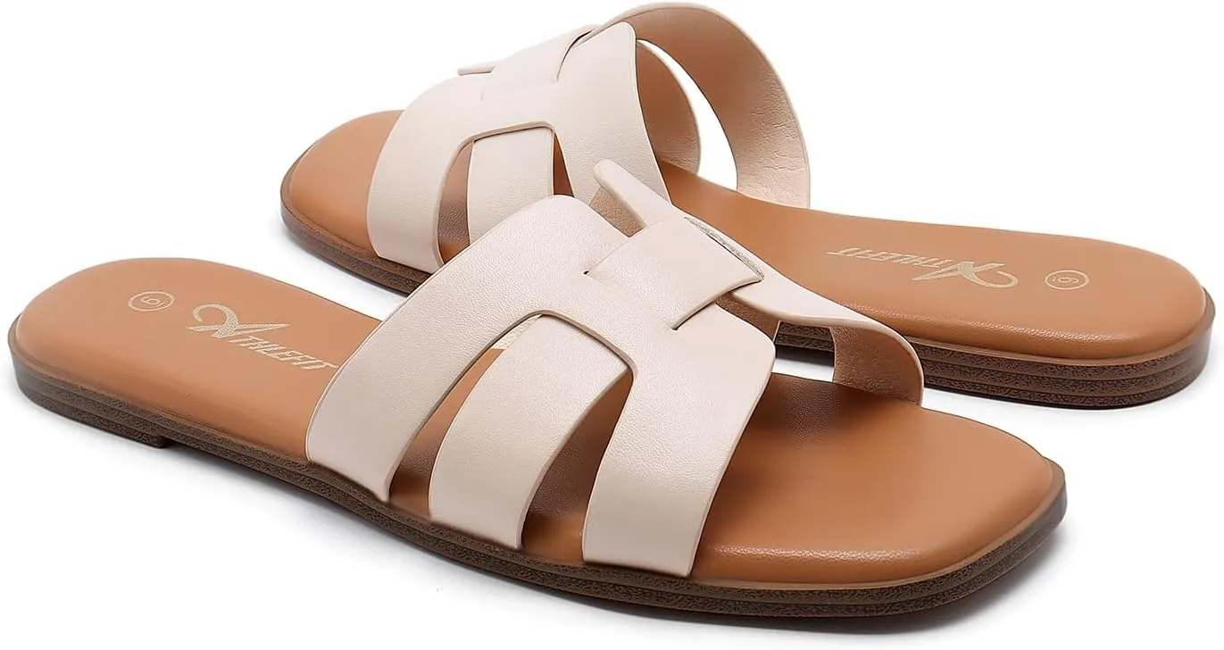 Athlefit Women's Flat Sandals Dressy Summer Square Open Toe Slip On Leather Slide Sandals