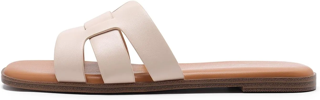 Athlefit Women's Flat Sandals Dressy Summer Square Open Toe Slip On Leather Slide Sandals