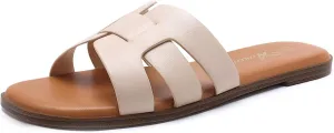 Athlefit Women's Flat Sandals Dressy Summer Square Open Toe Slip On Leather Slide Sandals