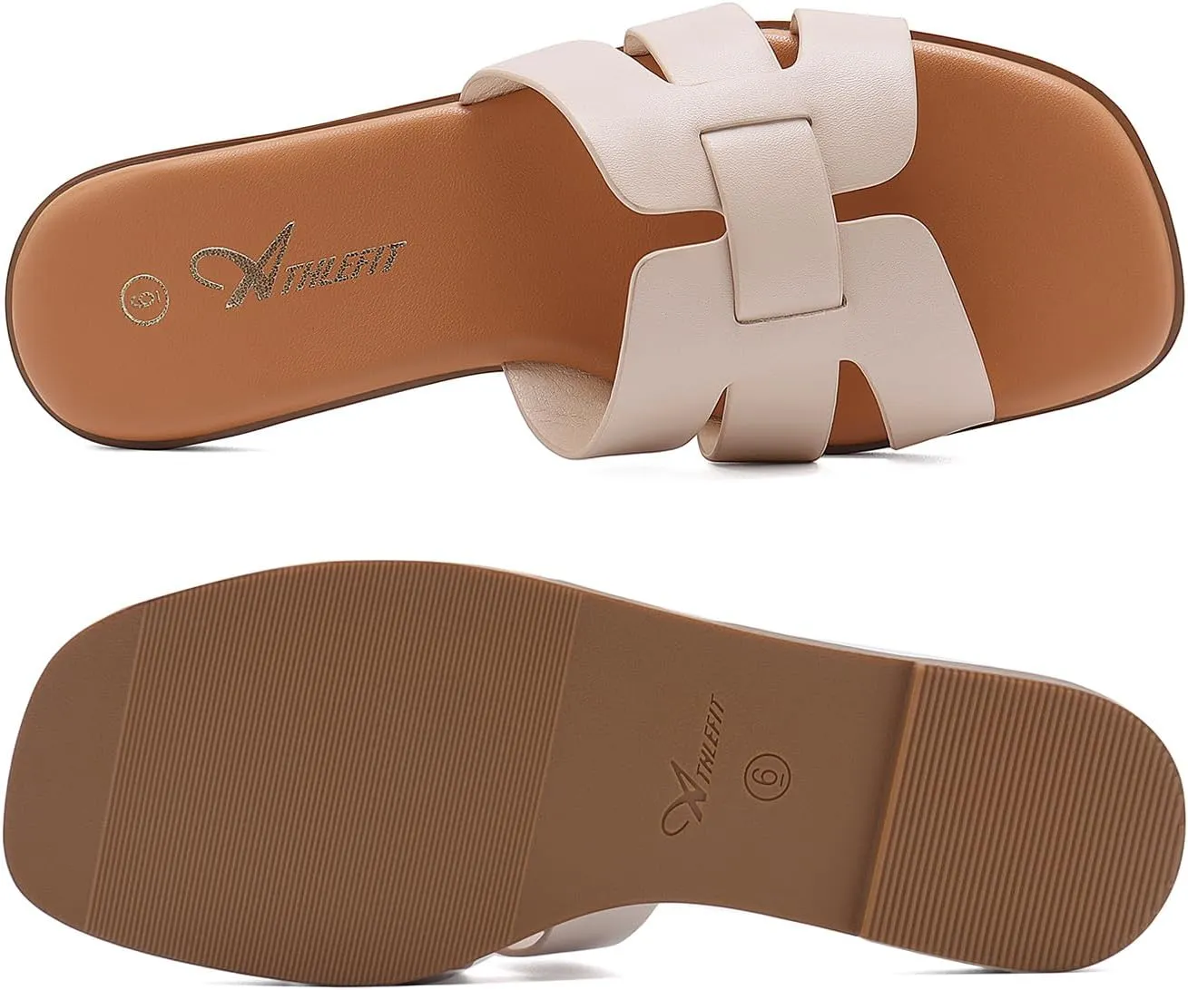 Athlefit Women's Flat Sandals Dressy Summer Square Open Toe Slip On Leather Slide Sandals