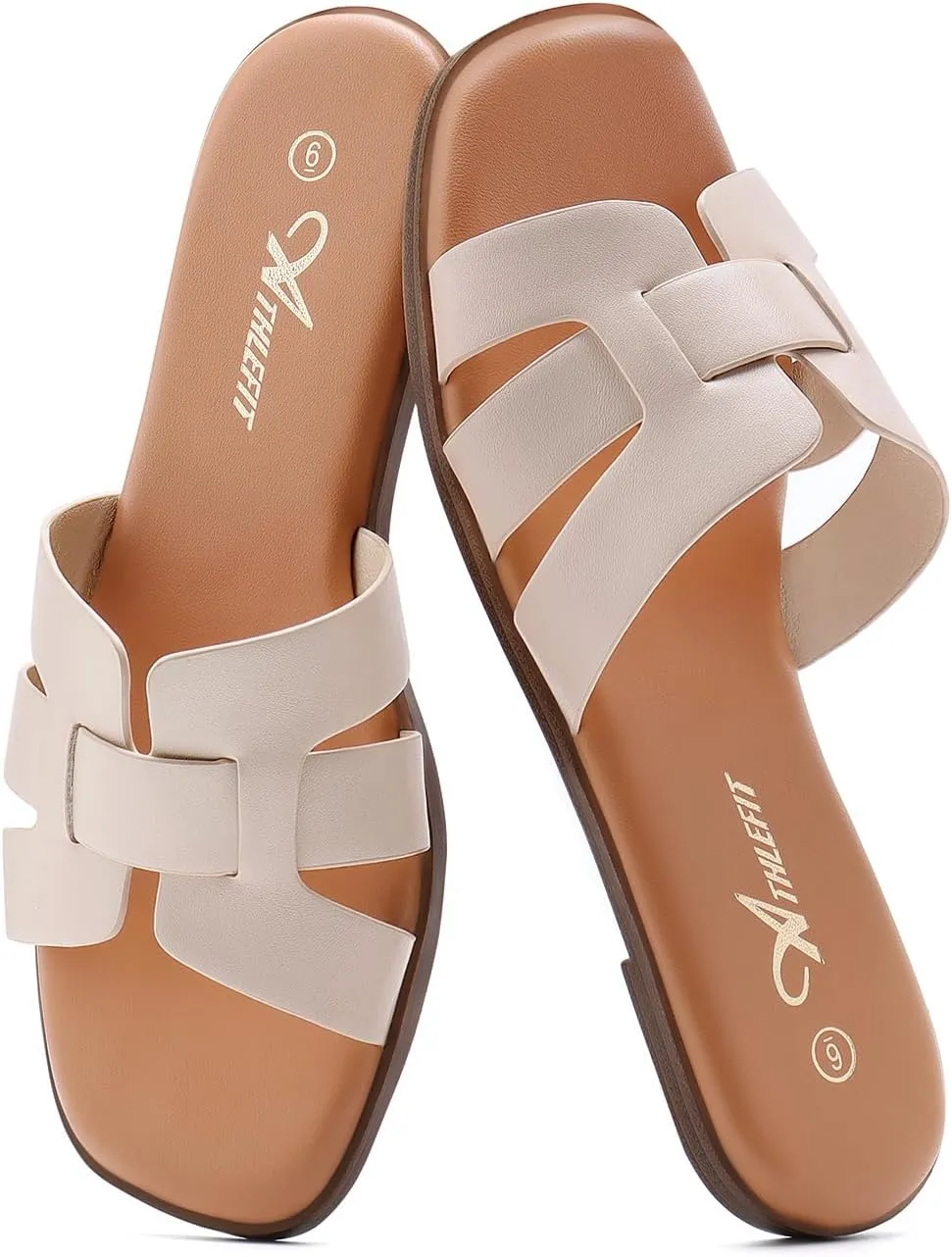 Athlefit Women's Flat Sandals Dressy Summer Square Open Toe Slip On Leather Slide Sandals