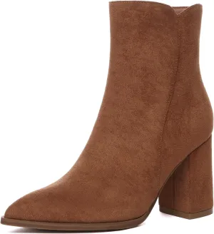 Athlefit Women's Heeled Ankle Boots Fashion Pointed Toe Chunky Block Heel Side Zipper Short Booties