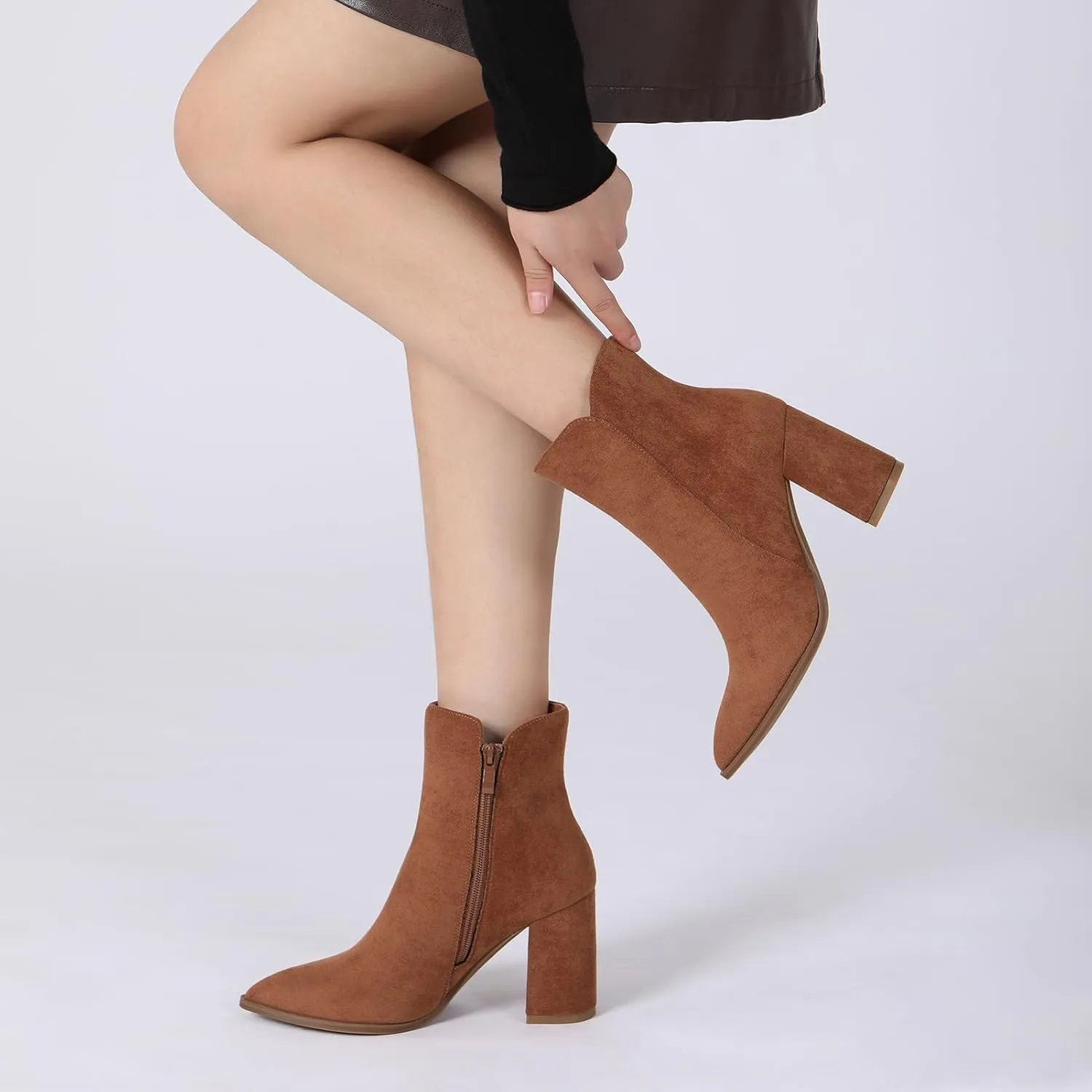 Athlefit Women's Heeled Ankle Boots Fashion Pointed Toe Chunky Block Heel Side Zipper Short Booties