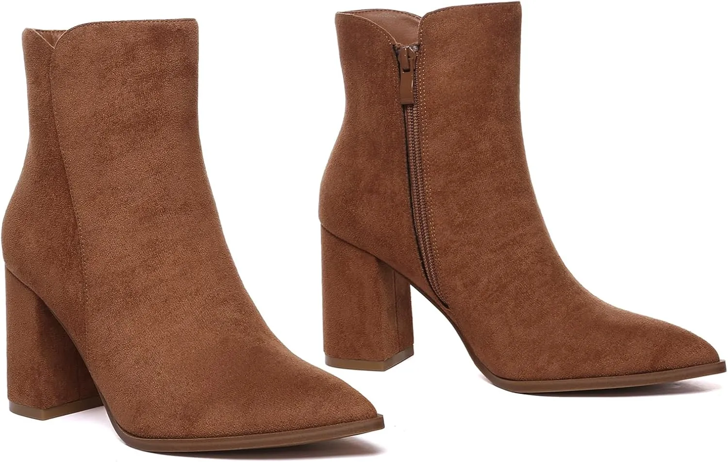 Athlefit Women's Heeled Ankle Boots Fashion Pointed Toe Chunky Block Heel Side Zipper Short Booties