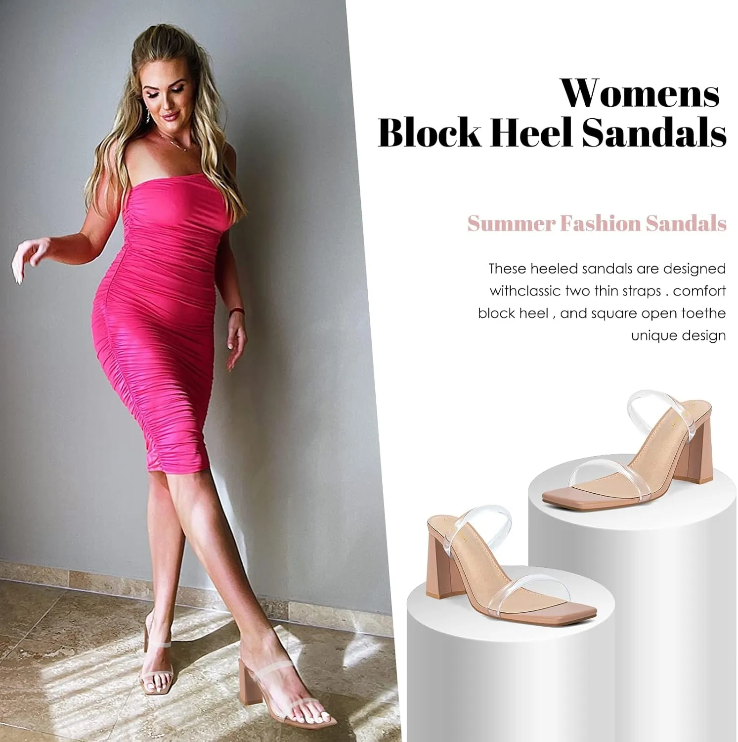 Athlefit Women's Square Open Toe Two Strap Heeled Sandals Slip On Block Chunky Heels Sandals