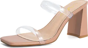 Athlefit Women's Square Open Toe Two Strap Heeled Sandals Slip On Block Chunky Heels Sandals