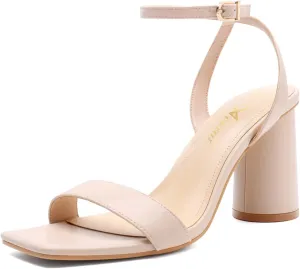 Athlefit Women's Strappy Chunky Block Heels Fashion Square Open Toe Heeled Sandals Ankle Strap Wedding Party Shoes