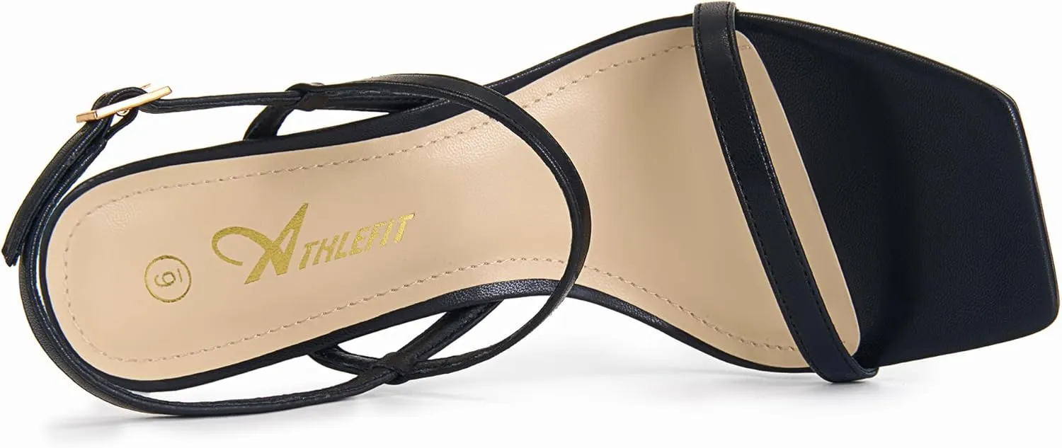 Athlefit Women's Strappy High Heels Square Open Toe Heeled Sandals Ankle Strap Dressy Wedding Party Shoes