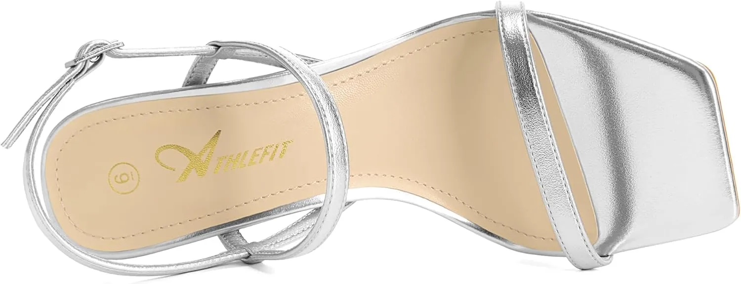 Athlefit Women's Strappy High Heels Square Open Toe Heeled Sandals Ankle Strap Dressy Wedding Party Shoes