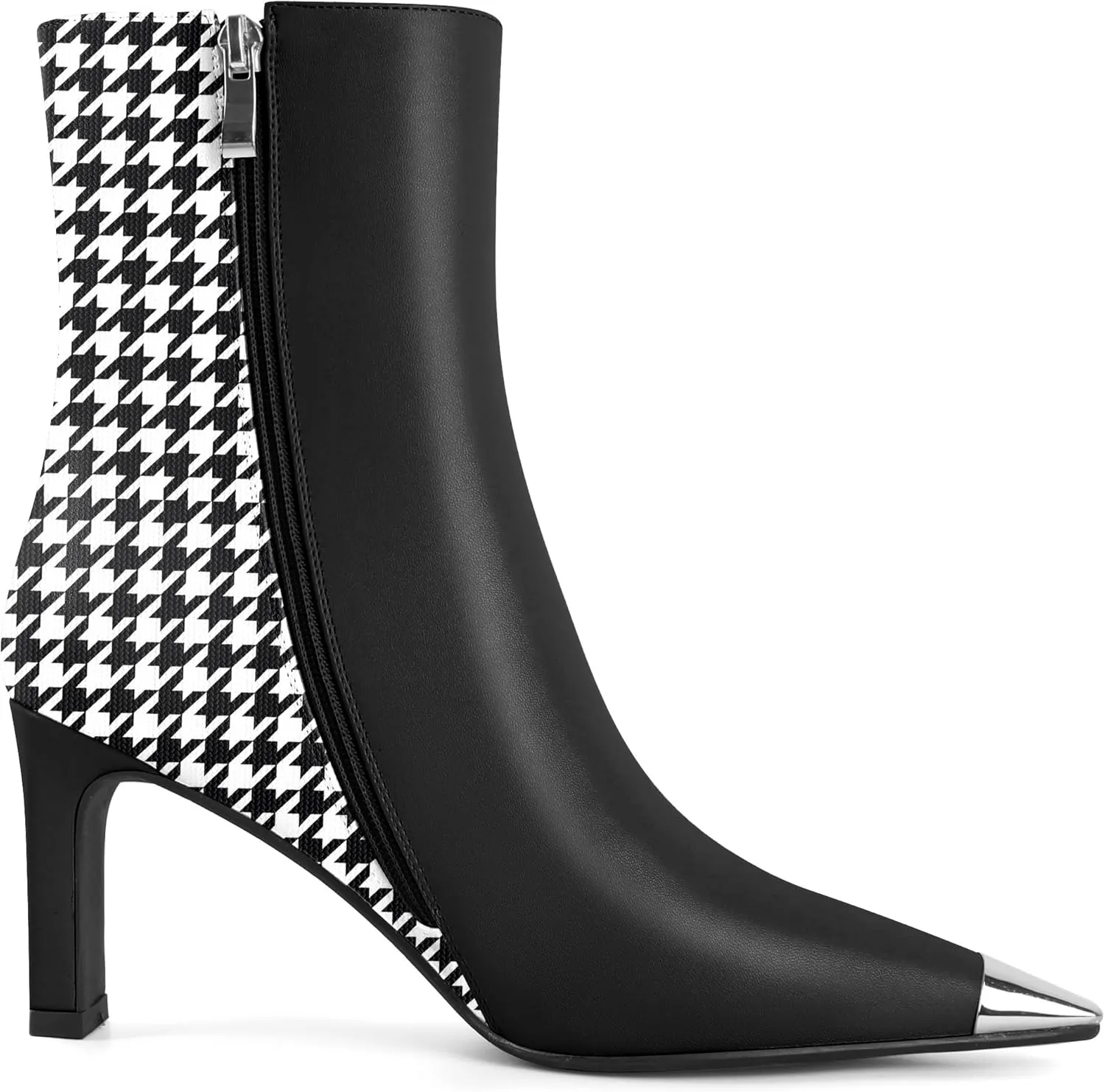 AUMOTED Women's Chunky High Heel Ankle Booties Silver Cap Square Toe Boots Side Zipper Fashion Short Boots 3.5 Inch