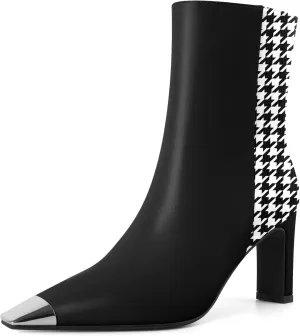AUMOTED Women's Chunky High Heel Ankle Booties Silver Cap Square Toe Boots Side Zipper Fashion Short Boots 3.5 Inch