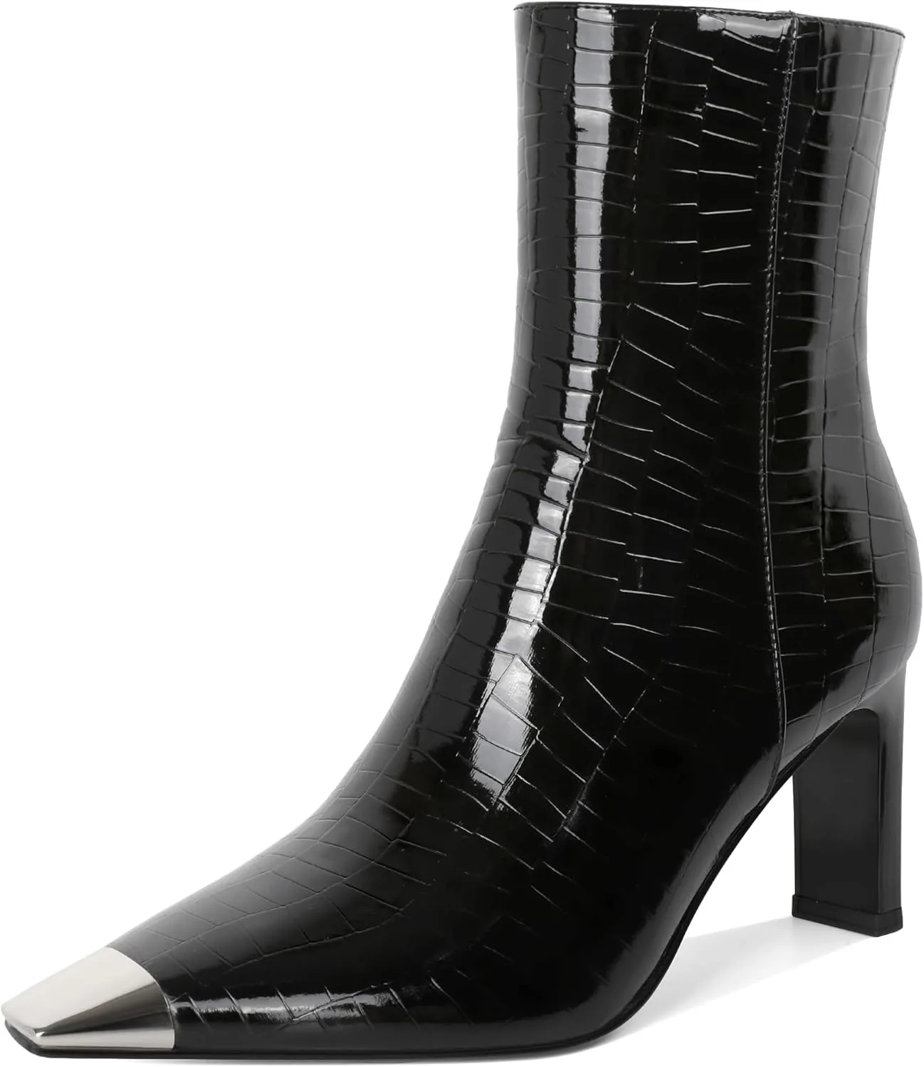 AUMOTED Women's Chunky High Heel Ankle Booties Silver Cap Square Toe Boots Side Zipper Fashion Short Boots 3.5 Inch