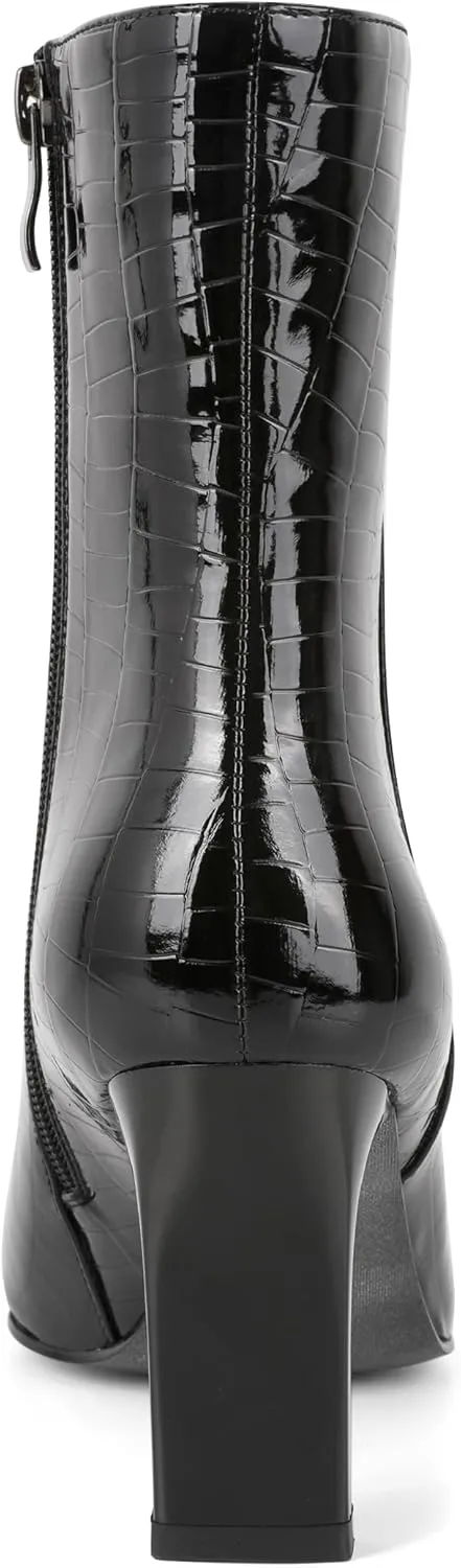 AUMOTED Women's Chunky High Heel Ankle Booties Silver Cap Square Toe Boots Side Zipper Fashion Short Boots 3.5 Inch