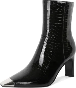 AUMOTED Women's Chunky High Heel Ankle Booties Silver Cap Square Toe Boots Side Zipper Fashion Short Boots 3.5 Inch