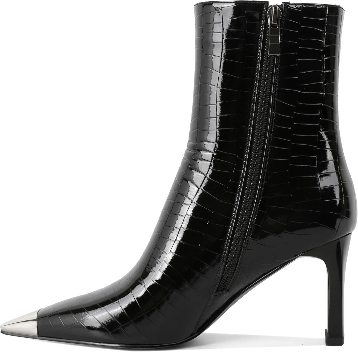 AUMOTED Women's Chunky High Heel Ankle Booties Silver Cap Square Toe Boots Side Zipper Fashion Short Boots 3.5 Inch