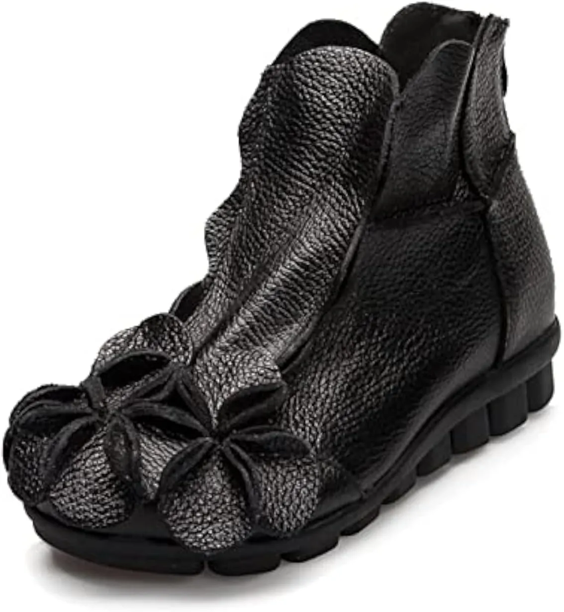 AUNTHUI Women's Leather Fleece Hand-Stitched Wedge Bohemian Flower Ankle Boots,Back Zipper Warm Non-Slip Retro Casual Shoes