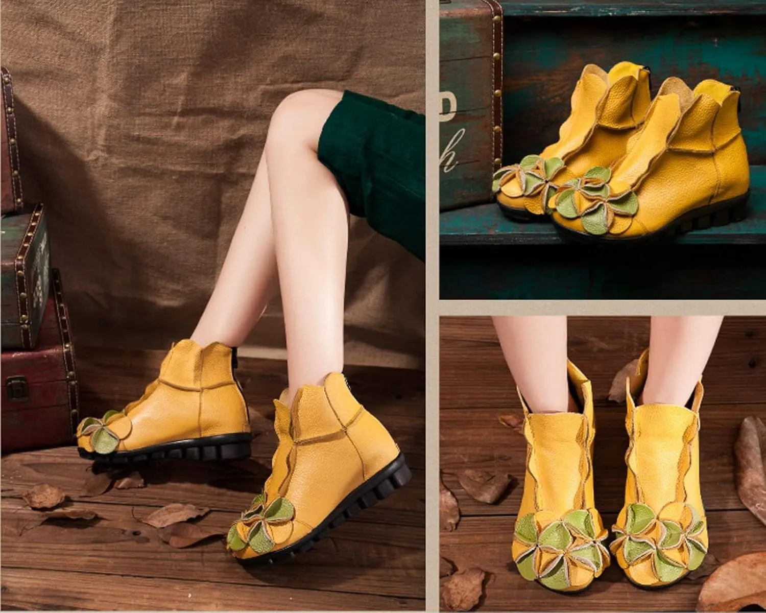 AUNTHUI Women's Leather Fleece Hand-Stitched Wedge Bohemian Flower Ankle Boots,Back Zipper Warm Non-Slip Retro Casual Shoes