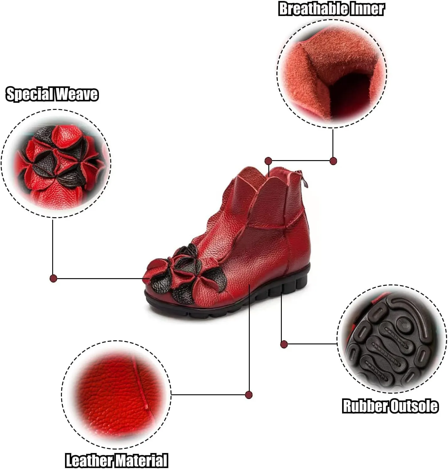 AUNTHUI Women's Leather Fleece Hand-Stitched Wedge Bohemian Flower Ankle Boots,Back Zipper Warm Non-Slip Retro Casual Shoes