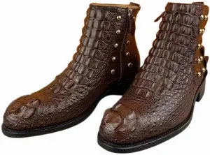 Authentic Exotic Crocodile Skin 100% Hand Stitched Men's Brown Chelsea Boots Genuine Alligator Leather High-Lift Male ZIP Shoes