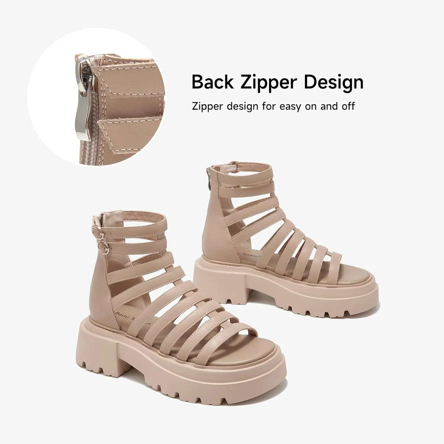 BEAU TODAY Womens Platform Sandals, Chunky Gladiator Sandals for Women, Leather Fisherman Sandals for Women with Back Zipper Open Toe, Lightweight Casual Comfort Fashion Dressy Shoes