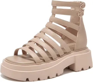 BEAU TODAY Womens Platform Sandals, Chunky Gladiator Sandals for Women, Leather Fisherman Sandals for Women with Back Zipper Open Toe, Lightweight Casual Comfort Fashion Dressy Shoes