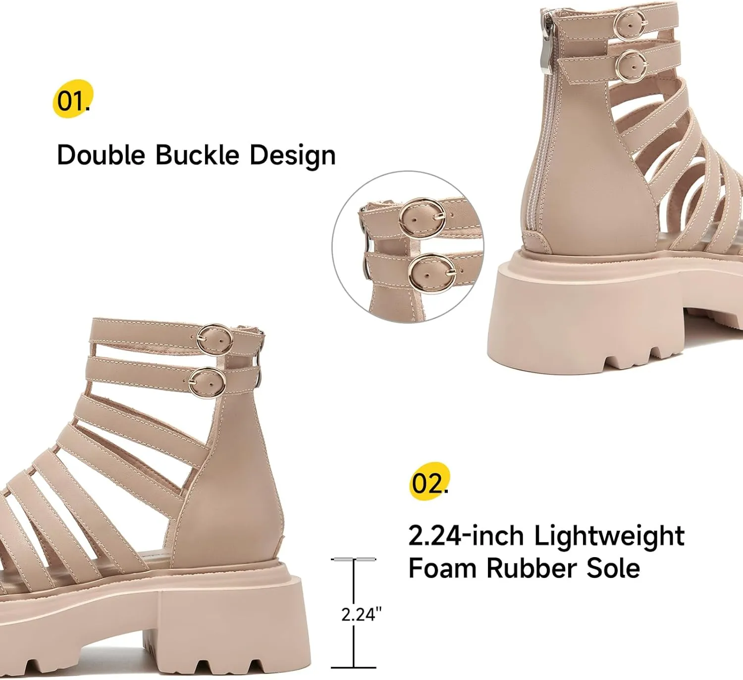 BEAU TODAY Womens Platform Sandals, Chunky Gladiator Sandals for Women, Leather Fisherman Sandals for Women with Back Zipper Open Toe, Lightweight Casual Comfort Fashion Dressy Shoes