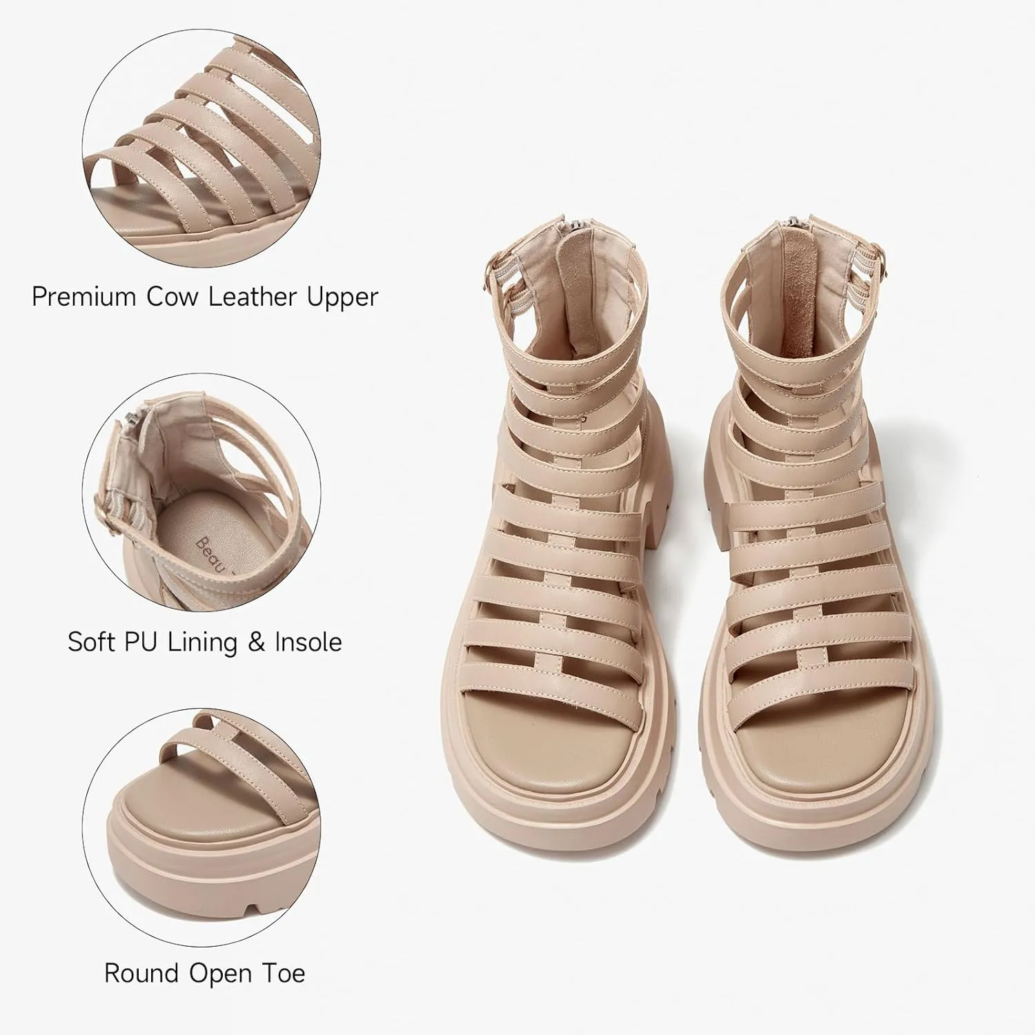 BEAU TODAY Womens Platform Sandals, Chunky Gladiator Sandals for Women, Leather Fisherman Sandals for Women with Back Zipper Open Toe, Lightweight Casual Comfort Fashion Dressy Shoes