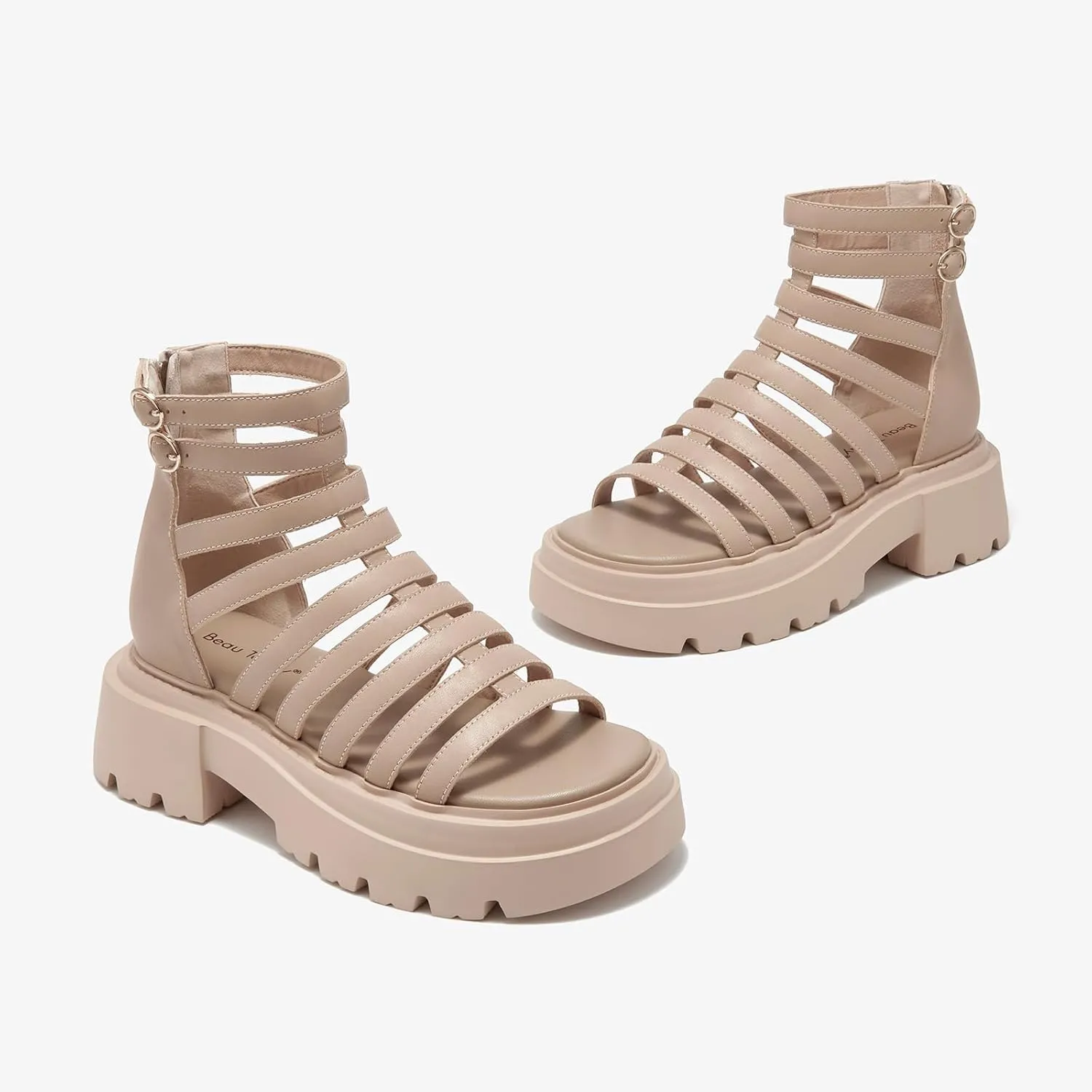 BEAU TODAY Womens Platform Sandals, Chunky Gladiator Sandals for Women, Leather Fisherman Sandals for Women with Back Zipper Open Toe, Lightweight Casual Comfort Fashion Dressy Shoes